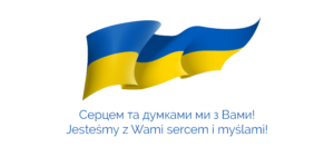 obraz flaga Ukrainy niebiesko - żółta na dole napis po polsku i ukraińsku jesteśmy z Wami sercem i myślami