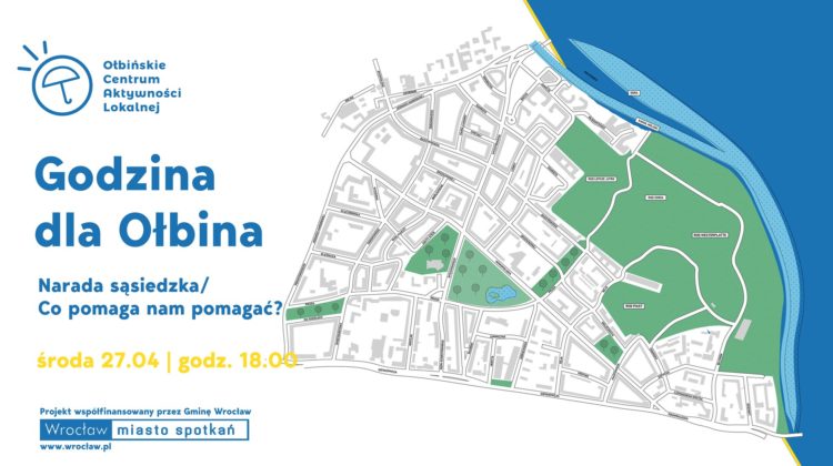 obraz białe tło niebieski napis godzina dla ołbina po prawej stronie fragmenty mapy z planem miasta