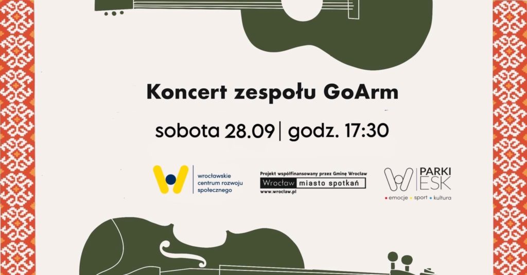 obraz jasne tło czarny napis koncert zespołu goarm w tle gitary grafika zrobiona w formie materiału gdzie są wyhaftowane różne symbole