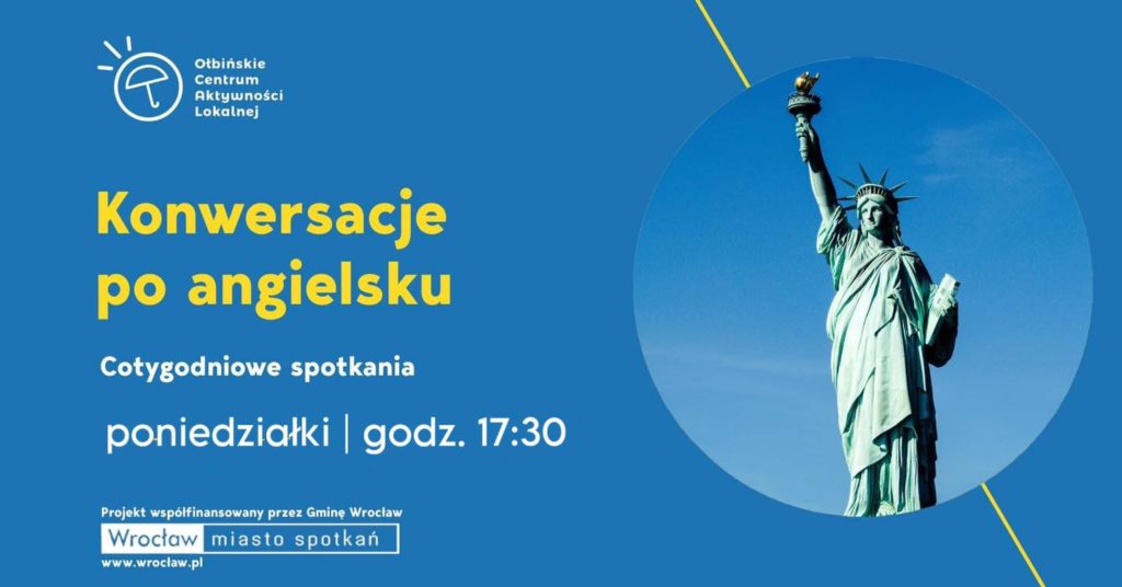 obraz niebieskie tło po lewej stronie żółty napis konwersacje po angielsku po prawej na niebieskim tle pomnik statuy wolności