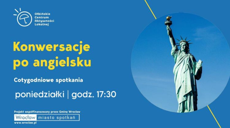 obraz niebieskie tło po lewej stronie żółty napis konwersacje po angielsku po prawej na niebieskim tle pomnik statuy wolności