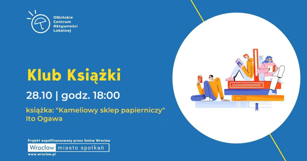 obraz niebieskie tło żółty napis klub książki po prawej stronie na białym tle kilka postaci na tle książek czytający różne pozycje