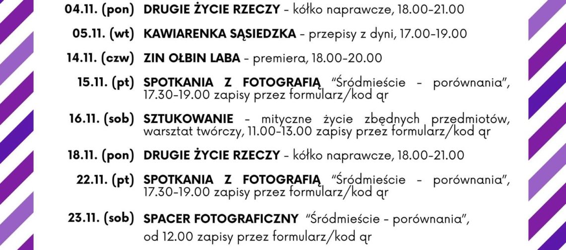 obraz tablica informacyjna białe tło na niej czarna czcionka listopad w calu na ołbinie wraz z opisem wydarzeń