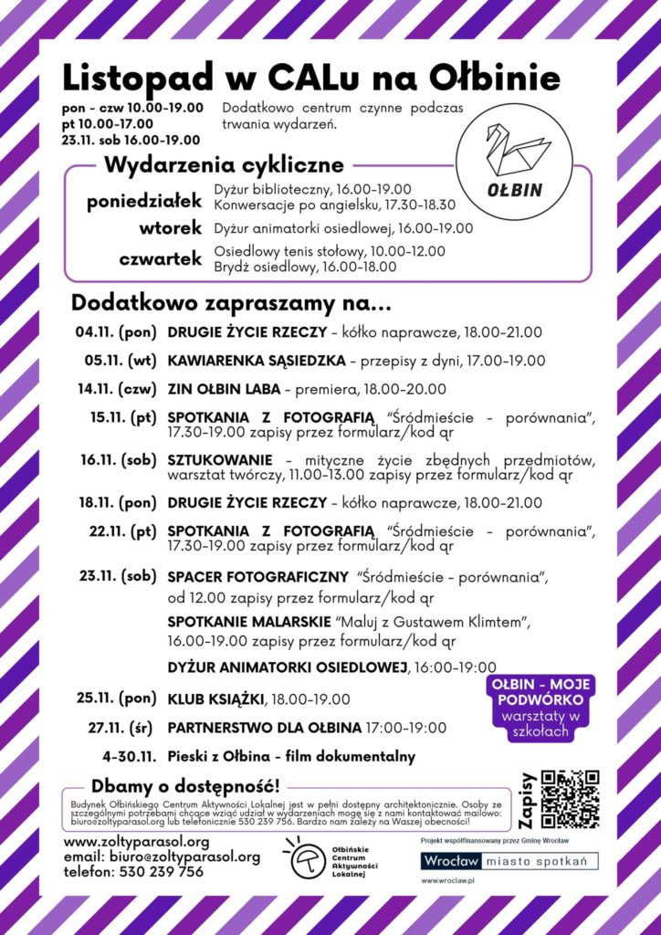 obraz tablica informacyjna białe tło na niej czarna czcionka listopad w calu na ołbinie wraz z opisem wydarzeń