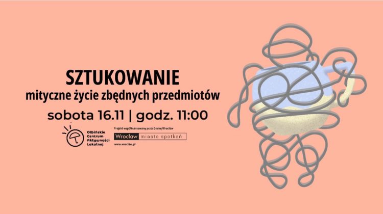 obraz jasnopomarańczowe tło na środku czarny napis sztukowanie po prawej abstrakcyjna grafika przedstawiająca splątane linie tworzące kształt przypominający postać