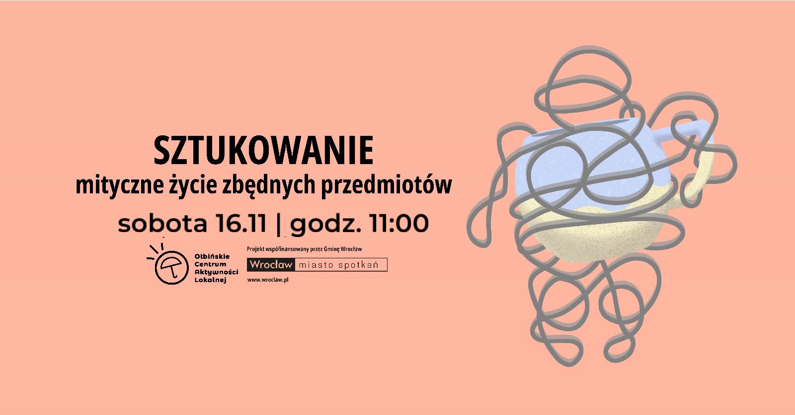 obraz jasnopomarańczowe tło na środku czarny napis sztukowanie po prawej abstrakcyjna grafika przedstawiająca splątane linie tworzące kształt przypominający postać