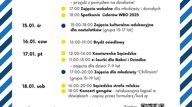 obraz tablica informacyjna białe tło na niej czarna czcionka ołbińskie centrum aktywności lokalnej wraz z opisem wydarzeń