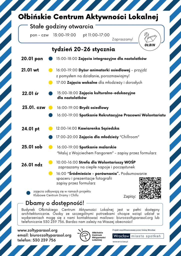 obraz tablica informacyjna białe tło na niej czarna czcionka ołbińskie centrum aktywności lokalnej wraz z opisem wydarzeń