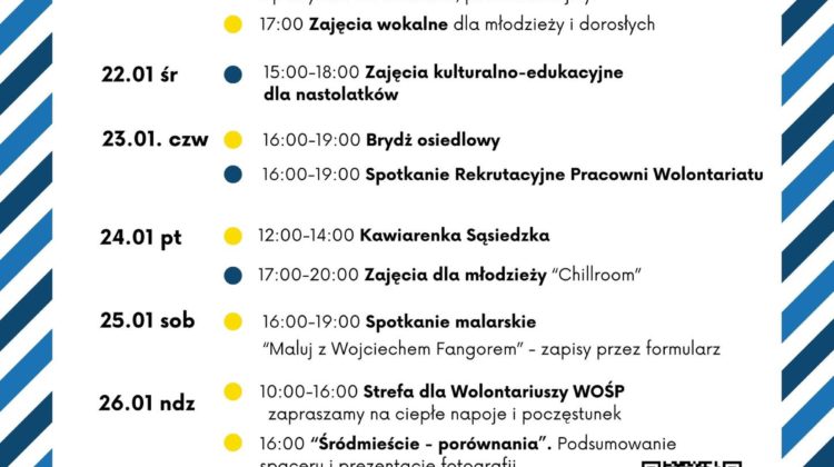 obraz tablica informacyjna białe tło na niej czarna czcionka ołbińskie centrum aktywności lokalnej wraz z opisem wydarzeń