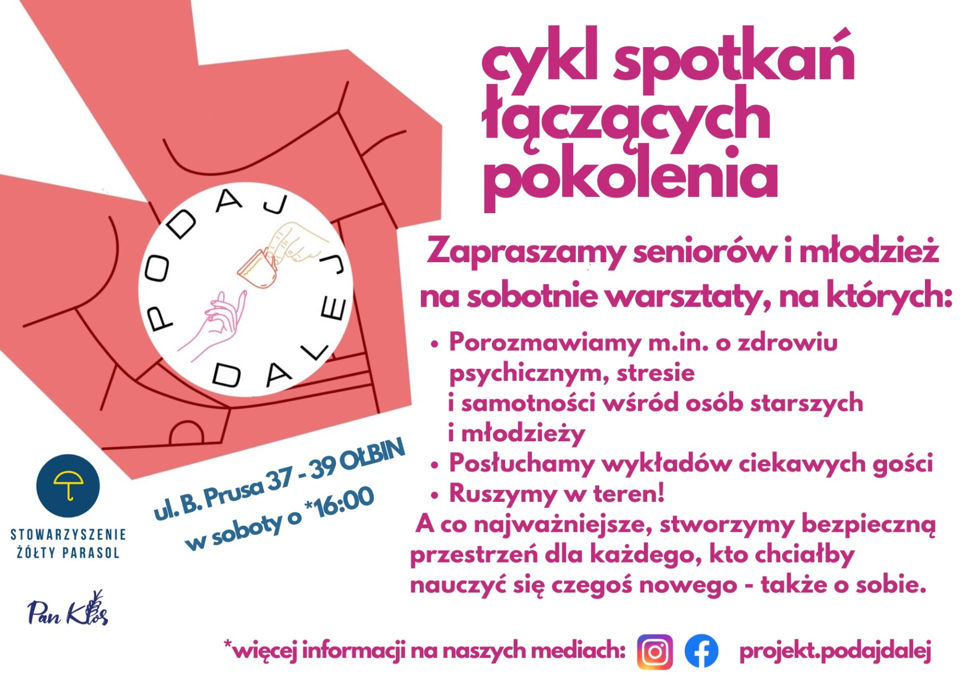 obraz białe tło różowy napis cykl spotkań łączących pokolenia po lewej stronie wyciągnięte ręce przekazujące przedmiot