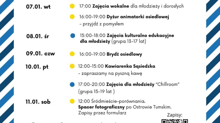 obraz tablica informacyjna białe tło na niej czarna czcionka ołbińskie centrum aktywności lokalnej wraz z opisem wydarzeń