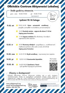 obraz tablica informacyjna białe tło na niej czarna czcionka ołbińskie centrum aktywności lokalnej wraz z opisem wydarzeń