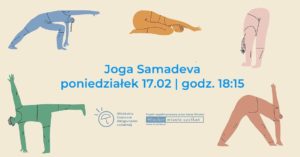 obraz ilustracje postaci w różnych pozycjach jogi. Na dole znajduje się logo "Ołbińskie Centrum Aktywności Lokalnej"
