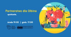 obraz po lewej stronie na niebieskim tle żółty napis partnerstwo dla ołbina po prawej plac budowy