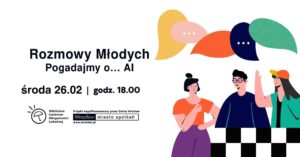 obraz białe tło czarny napis rozmowy młodych w tle kilka postaci żywo dyskutujących