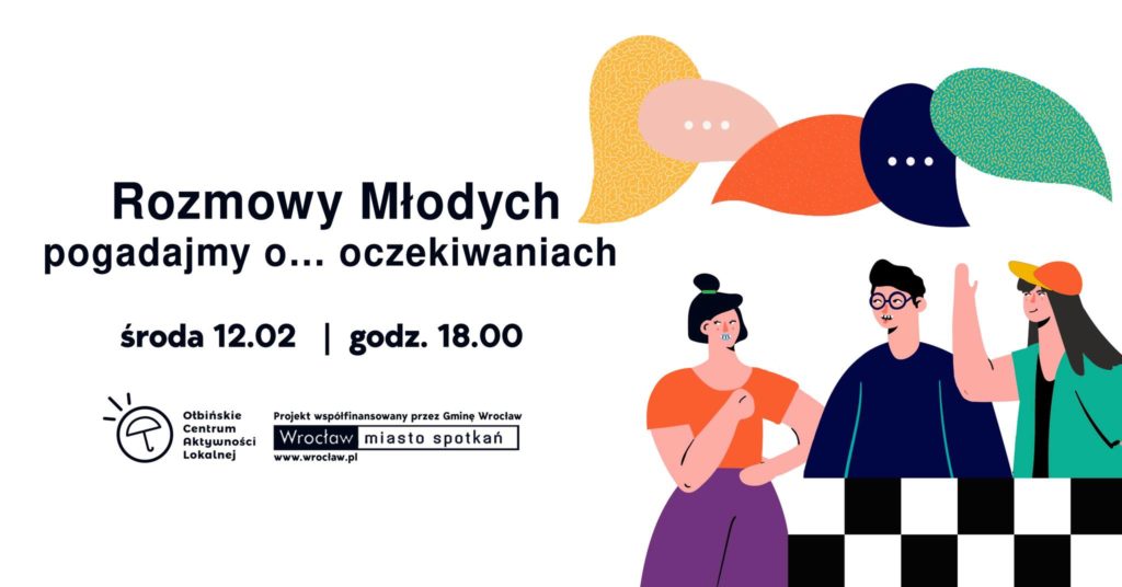 obraz białe tło czarny napis rozmowy młodych w tle kilka postaci żywo dyskutujących