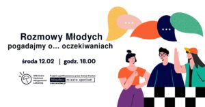 obraz białe tło czarny napis rozmowy młodych w tle kilka postaci żywo dyskutujących