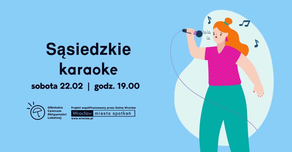 obraz niebieskie tło czarny napis sąsiedzkie karaoke po prawej stronie wokalistka z mikrofonem w tle nuty muzyczne