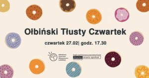 obraz kremowe tło czarny napis ołbiński tłusty czwartek w tle pączki z dziurką
