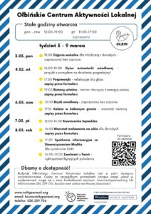obraz tablica informacyjna białe tło na niej czarna czcionka ołbińskie centrum aktywności lokalnej wraz z opisem wydarzeń