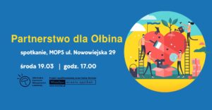 obraz po lewej stronie na niebieskim tle żółty napis partnerstwo dla ołbina po prawej plac budowy
