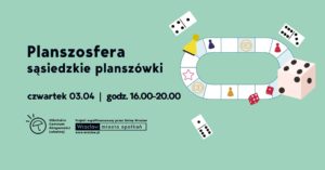 obraz Plakat na zielonym tle promujący wydarzenie "Planszosfera - sąsiedzkie planszówki". Wydarzenie odbędzie się w czwartek 3 kwietnia w godzinach 16:00-20:00. Na plakacie znajduje się ilustracja planszy do gry z różnymi symbolami, kostkami do gry oraz dominem. W lewym dolnym rogu znajduje się logo "Ołbińskie Centrum Aktywności Lokalnej".