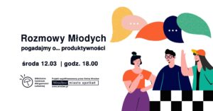 obraz białe tło czarny napis rozmowy młodych w tle kilka postaci żywo dyskutujących