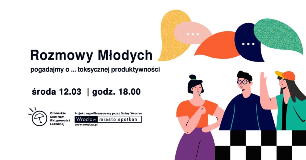 obraz białe tło czarny napis rozmowy młodych w tle kilka postaci żywo dyskutujących