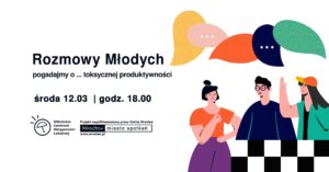 obraz białe tło czarny napis rozmowy młodych w tle kilka postaci żywo dyskutujących