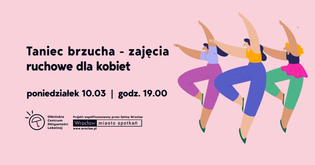 obraz różowe tło czarny napis taniec brzucha po prawej trzy postaci kobiece tańczące taniec brzucha