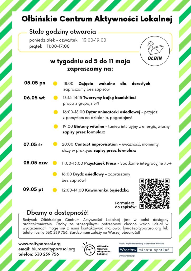 obraz tablica informacyjna białe tło na niej czarna czcionka ołbińskie centrum aktywności lokalnej wraz z opisem wydarzeń