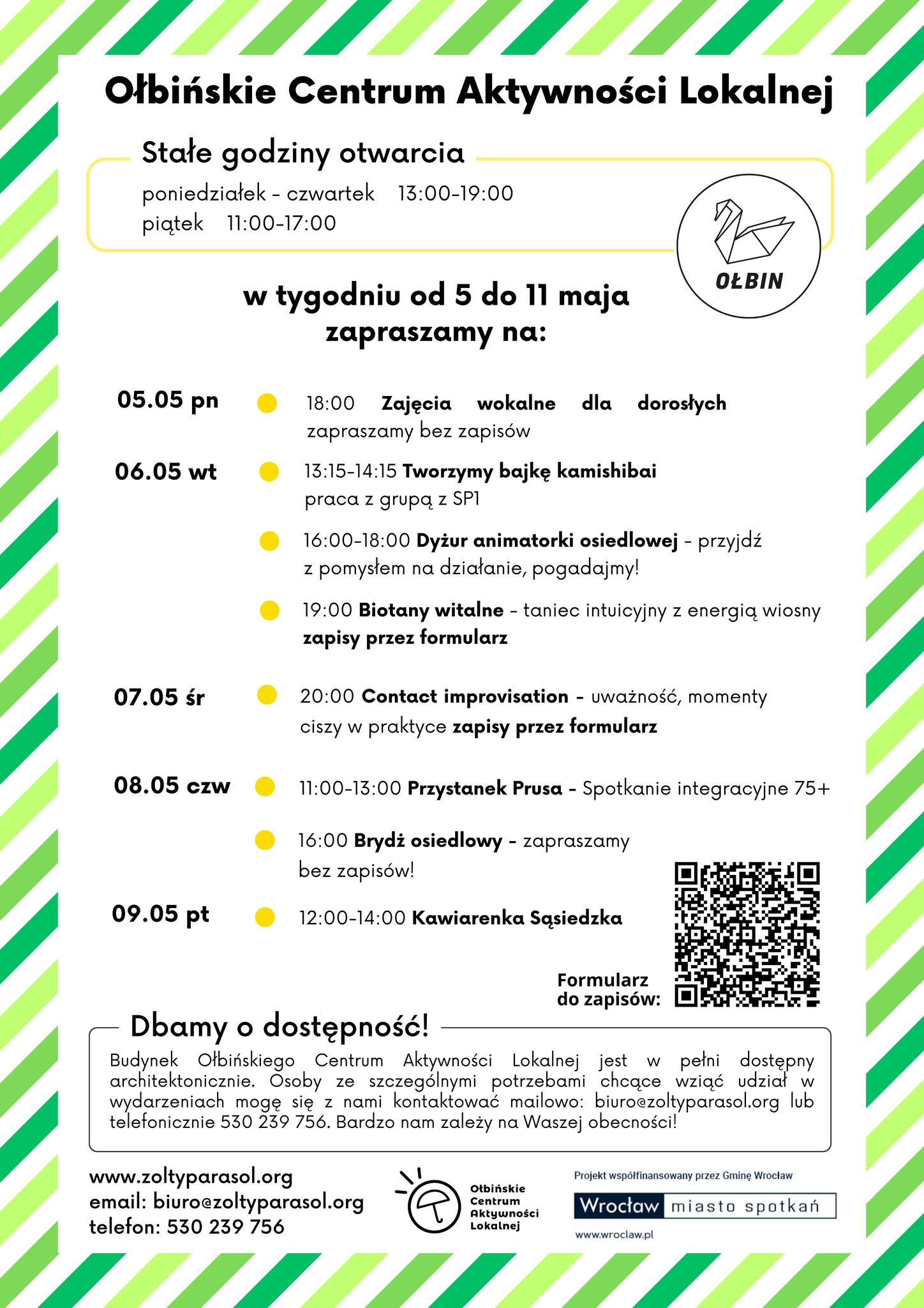 obraz tablica informacyjna białe tło na niej czarna czcionka ołbińskie centrum aktywności lokalnej wraz z opisem wydarzeń
