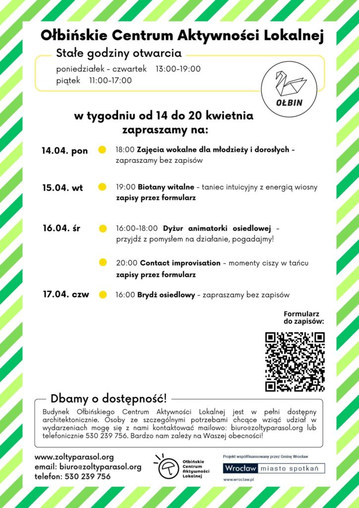obraz tablica informacyjna białe tło na niej czarna czcionka ołbińskie centrum aktywności lokalnej wraz z opisem wydarzeń