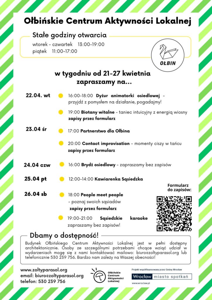 obraz tablica informacyjna białe tło na niej czarna czcionka ołbińskie centrum aktywności lokalnej wraz z opisem wydarzeń