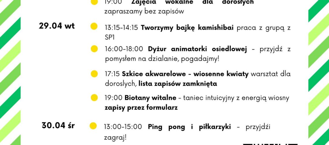 obraz tablica informacyjna białe tło na niej czarna czcionka ołbińskie centrum aktywności lokalnej wraz z opisem wydarzeń