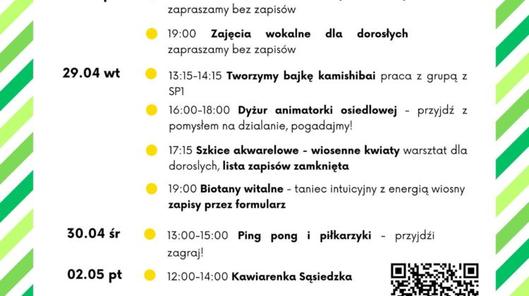 obraz tablica informacyjna białe tło na niej czarna czcionka ołbińskie centrum aktywności lokalnej wraz z opisem wydarzeń