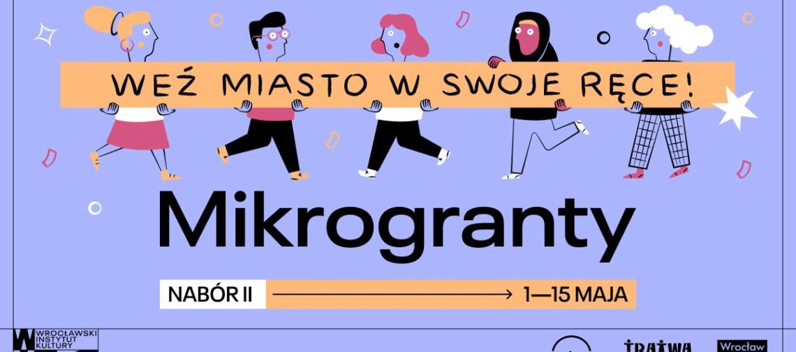 obraz jasnofioletowe tło na środku czarny napis mikrogranty w tle różne postaci zachęcające do aktywności