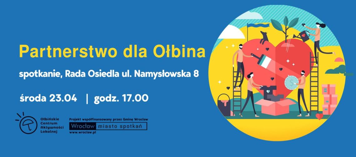 obraz po lewej stronie na niebieskim tle żółty napis partnerstwo dla ołbina po prawej plac budowy