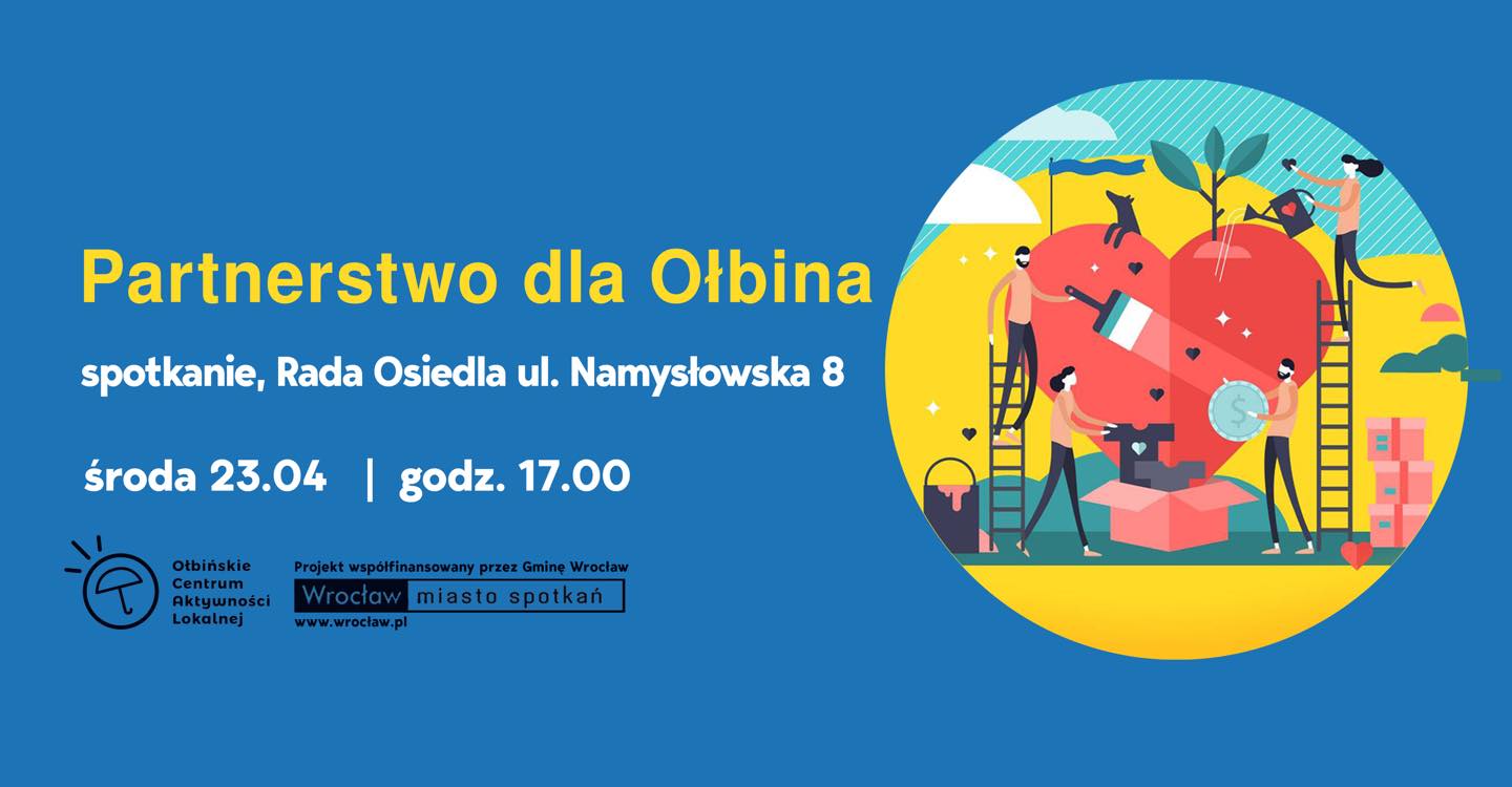obraz po lewej stronie na niebieskim tle żółty napis partnerstwo dla ołbina po prawej plac budowy