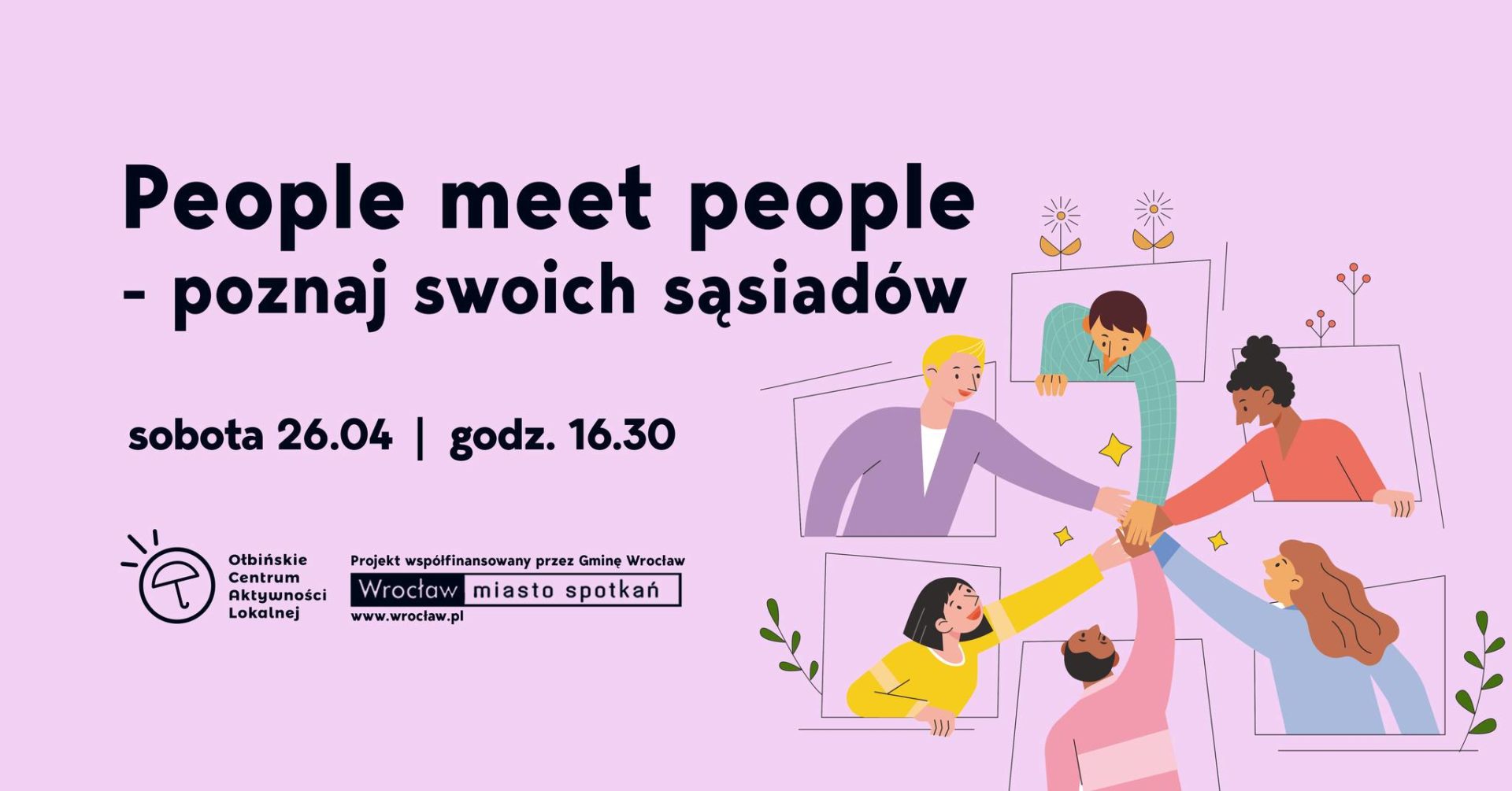 obraz znajduje się ilustracja przedstawiająca sześć osób wychylających się z okienek, które łączą ręce w geście współpracy