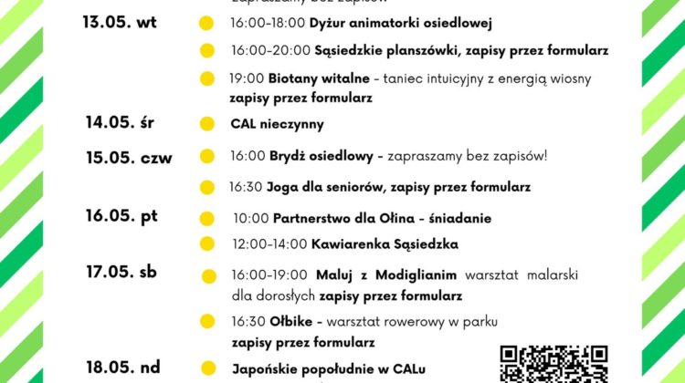 obraz tablica informacyjna białe tło na niej czarna czcionka ołbińskie centrum aktywności lokalnej wraz z opisem wydarzeń