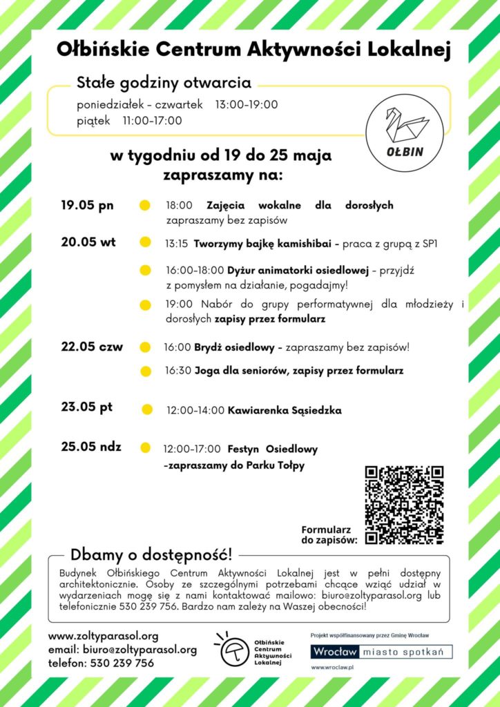 obraz tablica informacyjna białe tło na niej czarna czcionka ołbińskie centrum aktywności lokalnej wraz z opisem wydarzeń