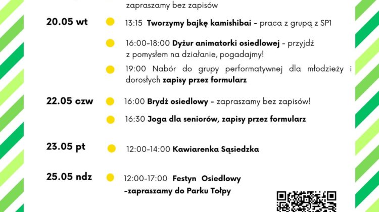 obraz tablica informacyjna białe tło na niej czarna czcionka ołbińskie centrum aktywności lokalnej wraz z opisem wydarzeń