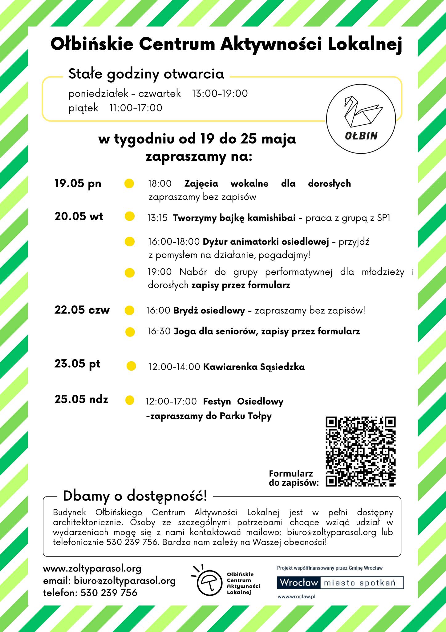 obraz tablica informacyjna białe tło na niej czarna czcionka ołbińskie centrum aktywności lokalnej wraz z opisem wydarzeń