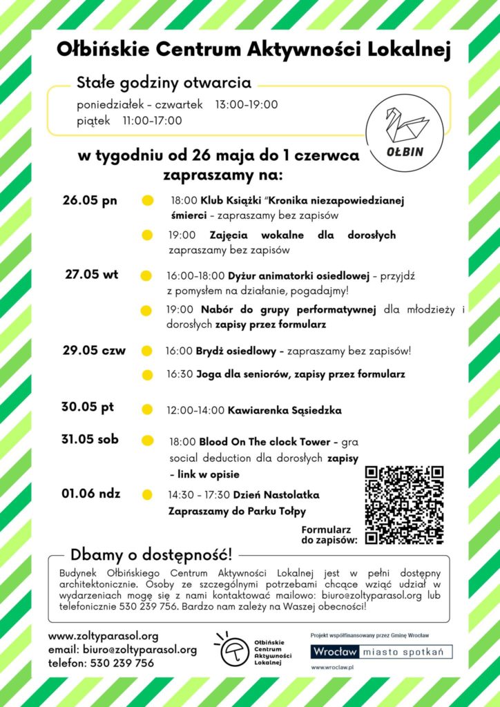 obraz tablica informacyjna białe tło na niej czarna czcionka ołbińskie centrum aktywności lokalnej wraz z opisem wydarzeń
