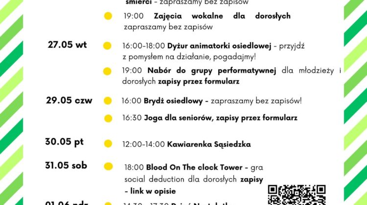 obraz tablica informacyjna białe tło na niej czarna czcionka ołbińskie centrum aktywności lokalnej wraz z opisem wydarzeń