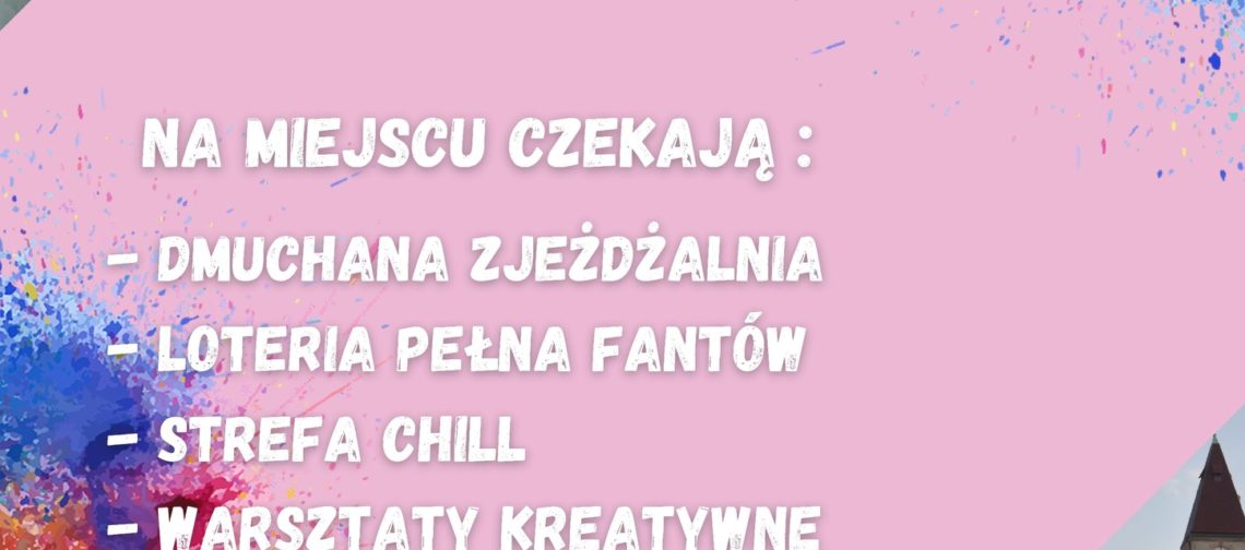 obraz promujący piknik w Parku Tołpy. Tło plakatu jest różowe z kolorowymi plamami farby w rogach. Na górze znajduje się napis: Piknik w Parku Tołpy Na dole plakatu znajdują się logotypy różnych organizacji i instytucji wspierających wydarzenie. Po lewej stronie widać zdjęcie pianek marshmallow, a po prawej fragment parku z budynkiem w tle