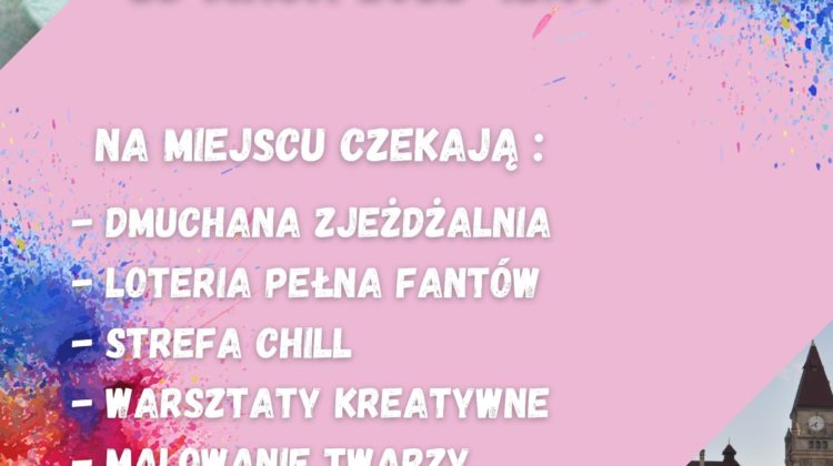 obraz promujący piknik w Parku Tołpy. Tło plakatu jest różowe z kolorowymi plamami farby w rogach. Na górze znajduje się napis: Piknik w Parku Tołpy Na dole plakatu znajdują się logotypy różnych organizacji i instytucji wspierających wydarzenie. Po lewej stronie widać zdjęcie pianek marshmallow, a po prawej fragment parku z budynkiem w tle