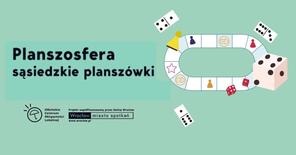 obraz Plakat na zielonym tle promujący wydarzenie "Planszosfera - sąsiedzkie planszówki". Wydarzenie odbędzie się w czwartek 3 kwietnia w godzinach 16:00-20:00. Na plakacie znajduje się ilustracja planszy do gry z różnymi symbolami, kostkami do gry oraz dominem. W lewym dolnym rogu znajduje się logo "Ołbińskie Centrum Aktywności Lokalnej".