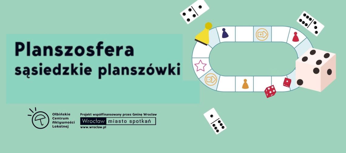 obraz Plakat na zielonym tle promujący wydarzenie "Planszosfera - sąsiedzkie planszówki". Wydarzenie odbędzie się w czwartek 3 kwietnia w godzinach 16:00-20:00. Na plakacie znajduje się ilustracja planszy do gry z różnymi symbolami, kostkami do gry oraz dominem. W lewym dolnym rogu znajduje się logo "Ołbińskie Centrum Aktywności Lokalnej".